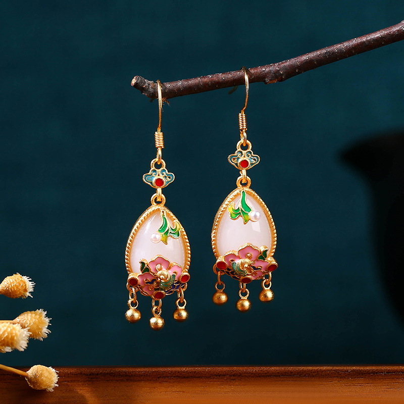 Gold Plated Jewelry - أقراط زهرة اليشم الطبيعية، تميمة سحرية،