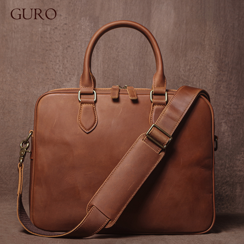 Leather Briefcase - GURO الرجال مجنون الحصان جلد البقر